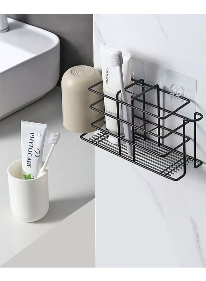 EETU Toothbrush Holders For Bathroom,Wall Mounted Toothpaste And Toothbrush Holder With 5 Slots And 2 Cup Positions,Bathroom Storage Organizer Stand Rack For Toothpaste,Facial Cleanser,Comb,Black - Image 1